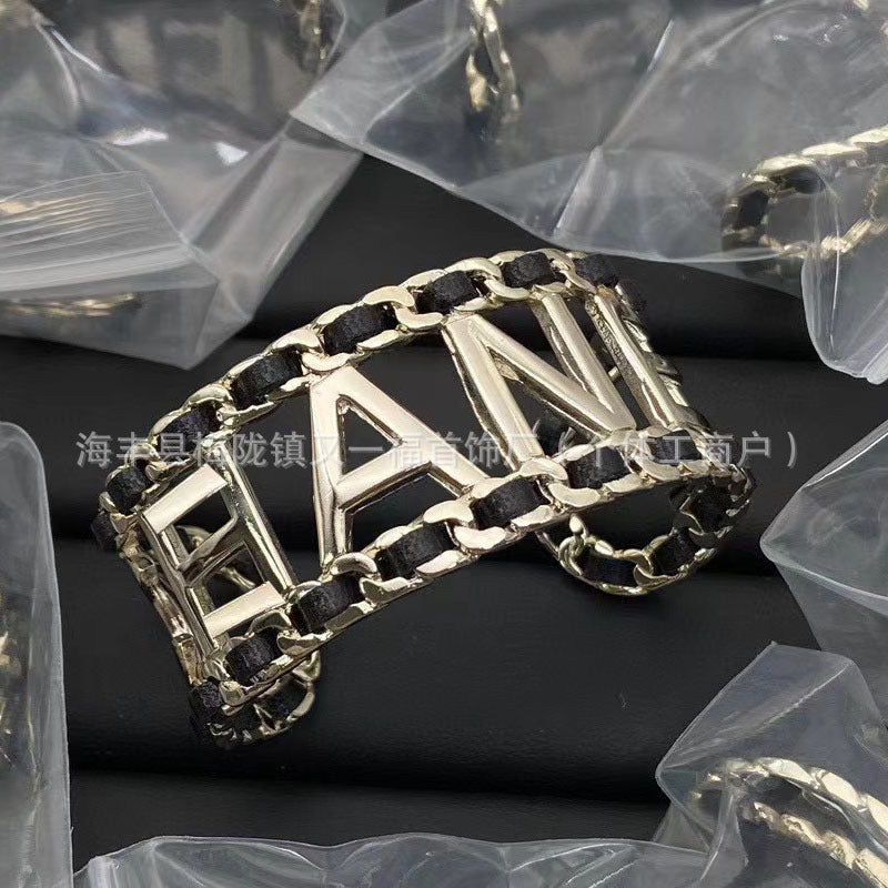 Wholesale New Double C Letter Diamond Piercing Leather Small Chanel Style Bracelet Retro Fashion All-match Bracelet